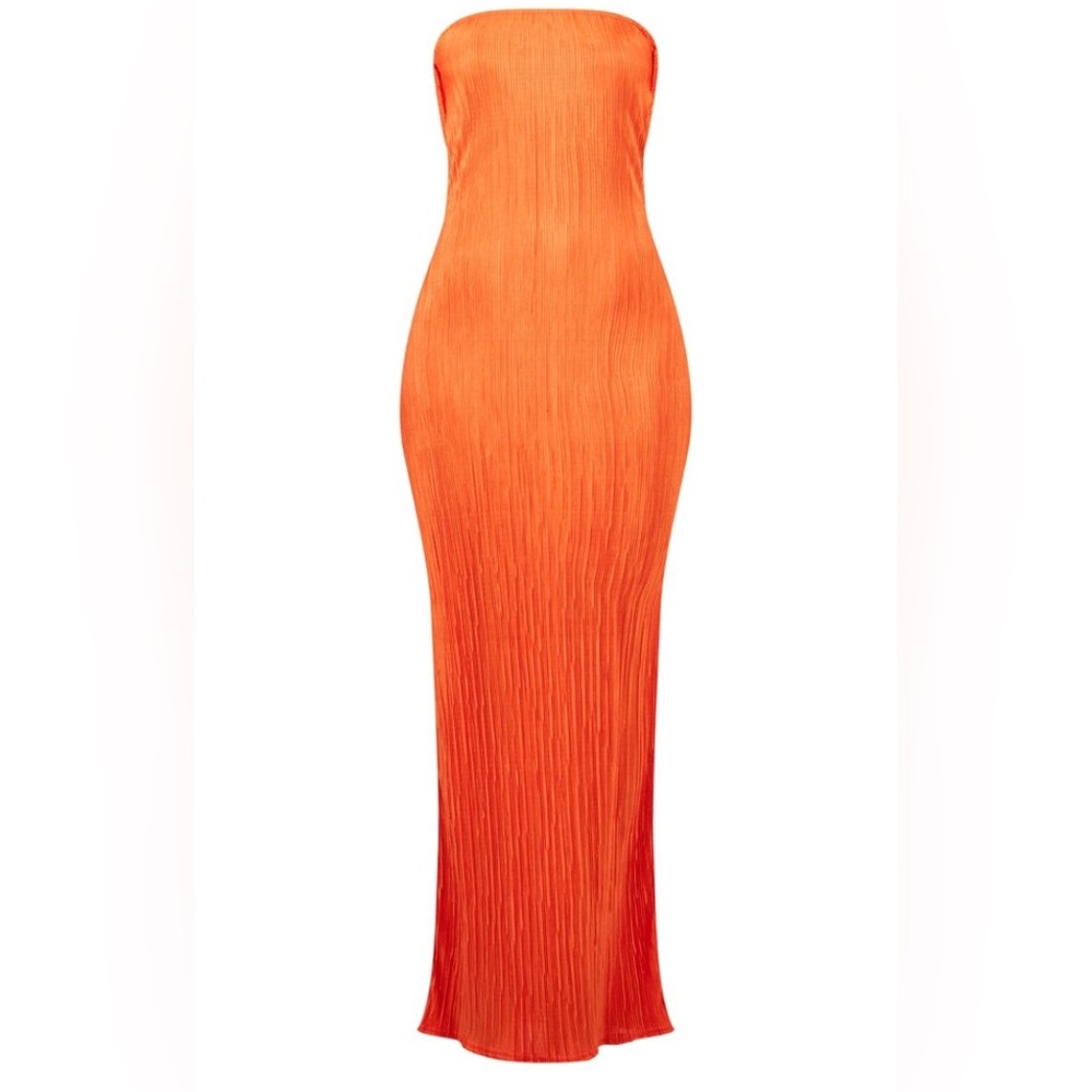 PrettyLittleThing Vibrant Orange Plisse Strapless Cowl Back Maxi Dress